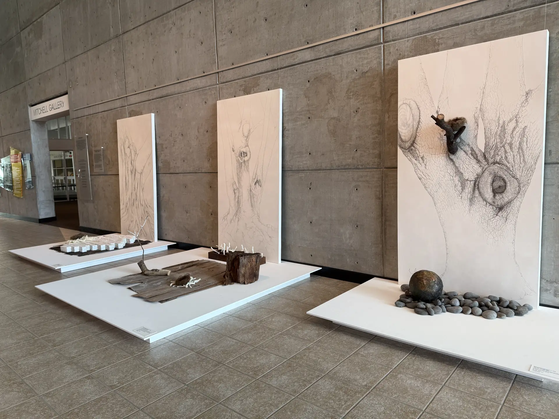 Three freestanding exhibition panels with illuminated bases against a board-formed concrete wall