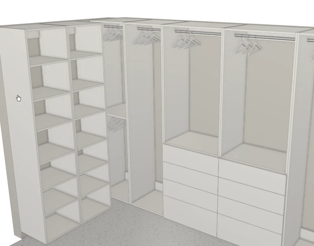 A closet system rendered from the Mozaik design file — shelf tower, double hang and drawer bank