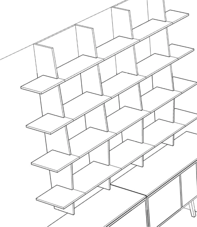 Wireframe axonometric of an open shelving structure with cantilevered shelves over a base cabinet run, drawn from the CAD model